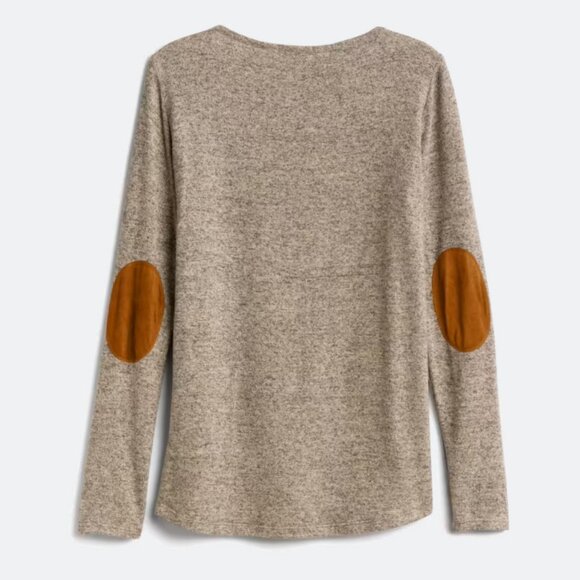 PINK CLOVER Luna Elbow Patch Button Detail Brushed Knit Top, Size M, Beige/Taupe - Picture 2 of 9